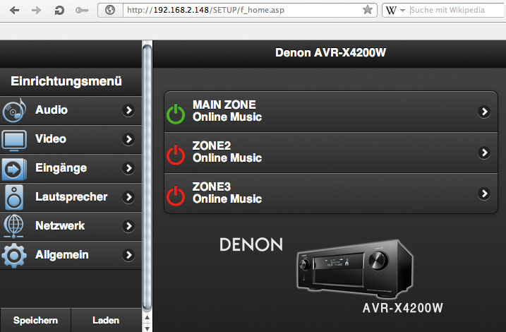 Bedienung via Smartphone-App und am Computer: Das linke Bild zeigt die für Android und iOS erhältliche „Denon Remote App“. Rechts: das übersichtliche wie praktische Web-Browser-Menü des Denon.
